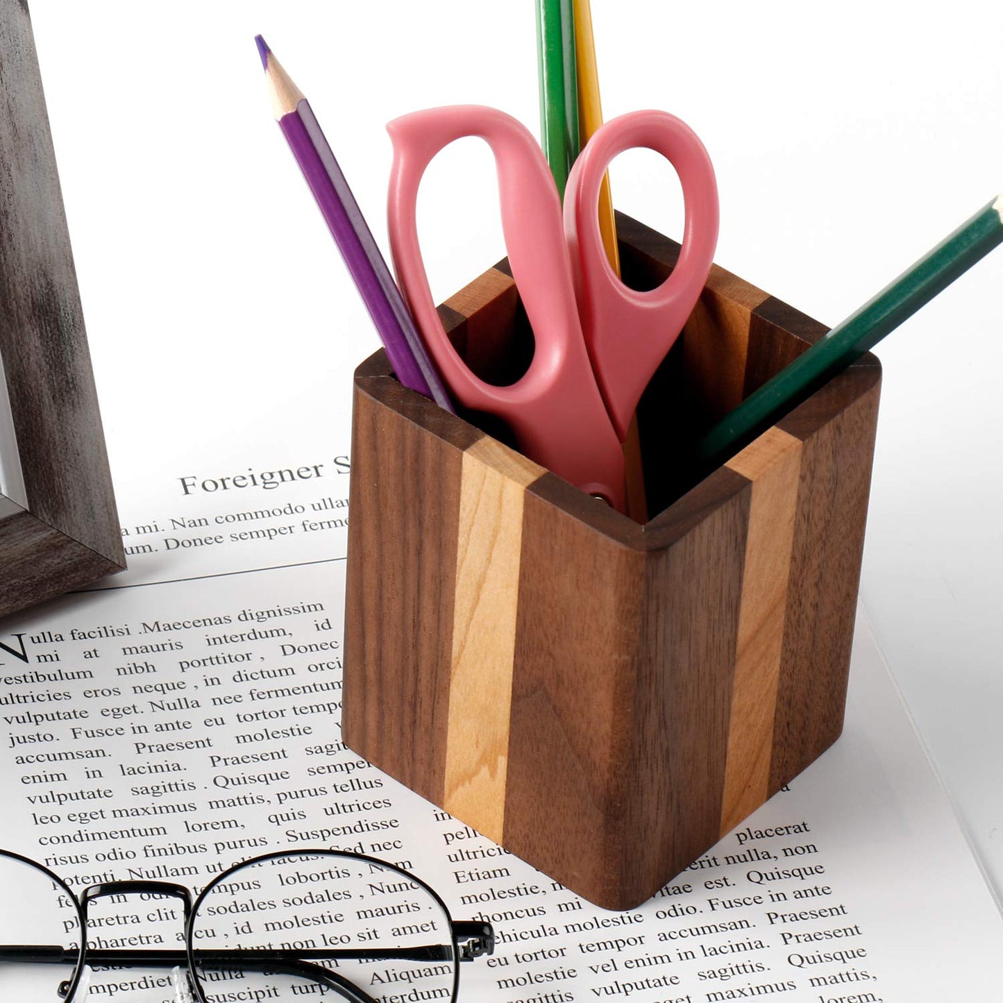YOYAI Walnut Pencil Holder Wood Pen Holder For Desk Pen Cup Organizer Ofiice Pencil Stand Simple(Cherry center walnut side)