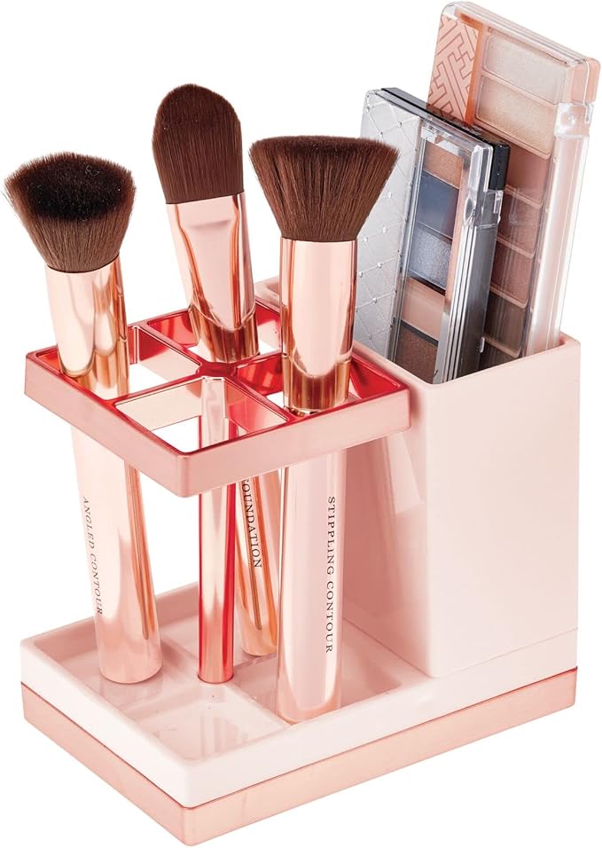 mDesign Plastic Toothbrush and Toothpaste Storage Organizer Holder - Home Decor for Bathroom Countertop - Holds Toiletries and Beauty Accessories - Lumiere Collection, Light Pink/Rose Gold