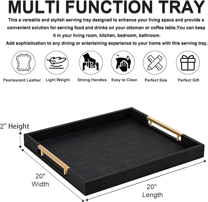 Black Faux Leather Decorative Serving Tray with Handles – Large Square for Coffee Table, Ottoman, Living Room & Bathroom Home Decor