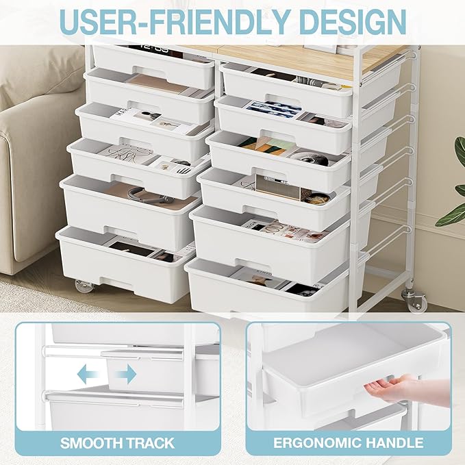 Rolling Storage Cart with 12 Drawers, Wooden Tabletop Utility Cart for Craft Storage, Art Supply Storage & Home Office Organization, Teacher Cart with Wheels for Classroom, School (White)