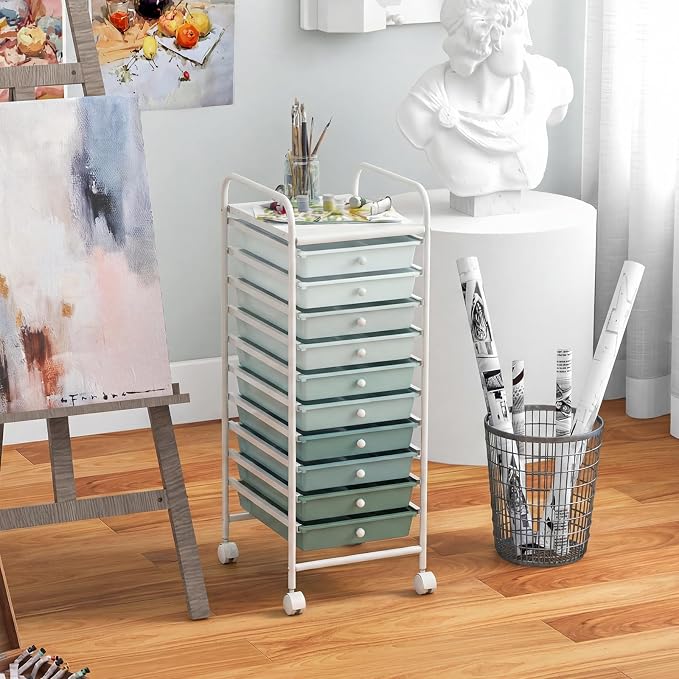 Giantex 10-Drawer Rolling Storage Cart w/Wheels, Handle, Removable Drawers, Mobile Organizer Storage Unit, Trolley Utility Cart for Home Kitchen Living Room Office Play Room, Green Gradient