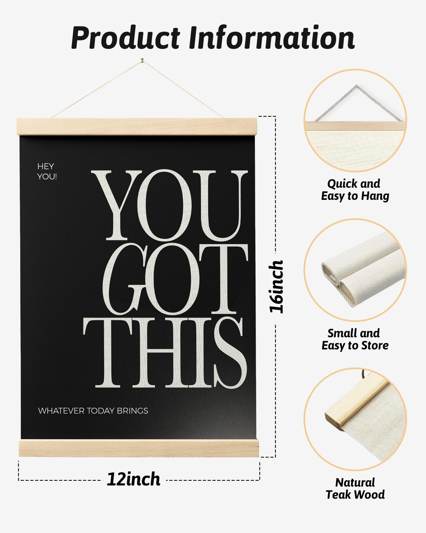 FGFK Inspirational Wall Art Poster Hanger Frame, You Got This Positive Affirmation Motivational Quote Canvas Prints Framed Wall Decor for Home Living Room Office, 12x16 Inch