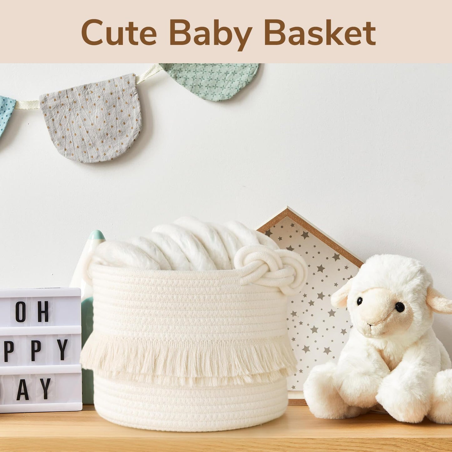 CherryNow Small Woven Storage Baskets, 9.5'' x 7'' inches Cotton Rope Decorative Hamper for Diaper, Blankets, Magazine and Keys, Cute Tassel Nursery Decor - Home Storage Container, Off-white