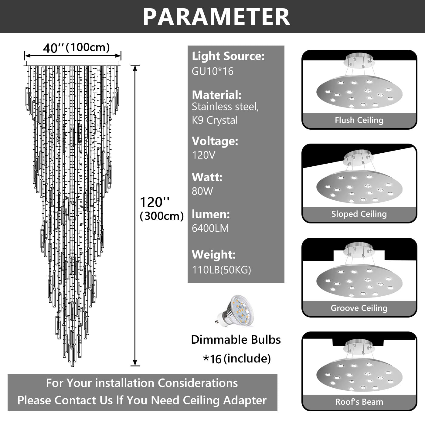 D40'' x H120'' Crystal Chandelier High Ceiling Chandeliers for Entryway Large Raindrop Chandeliers LED Dimmable Flush Mount Light Fixtures for Staircaes Foyer Hallway Living Room Bulbs Included Silver