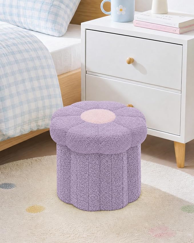B FSOBEIIALEO Storage Ottoman Foldable, Sunflower Shaped Small Footrest Collapsible Folding Seat Bench for Bedroom Living Room Entryway, Faux Teddy Fur, Purple 12.6"x12.6"x11.4"