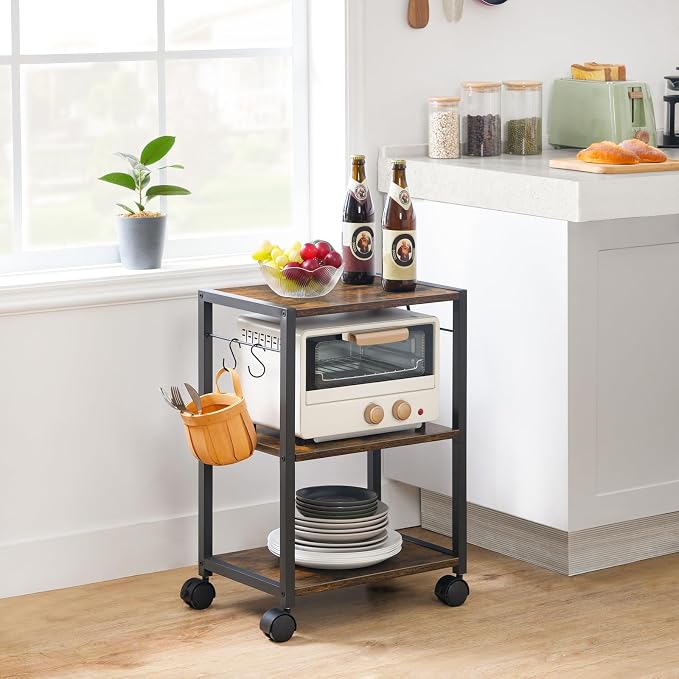 MAHANCRIS Printer Stand, 3-Tier Under Desk Rolling Cart with Storage Shelf, Heavy Duty Printer Table with Wheels for Home and Office, Printer Shelf with 2 Hooks, Small Spaces, Rustic Brown PTHR4001Z