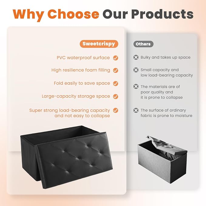 Sweetcrispy 30 Inches Folding Ottoman with Storage Bench, Foot Rest Stool, End of Bed Storage Bench Upholstered, Load 660 lbs, for Living Room, Lychee Grain Leather, Black