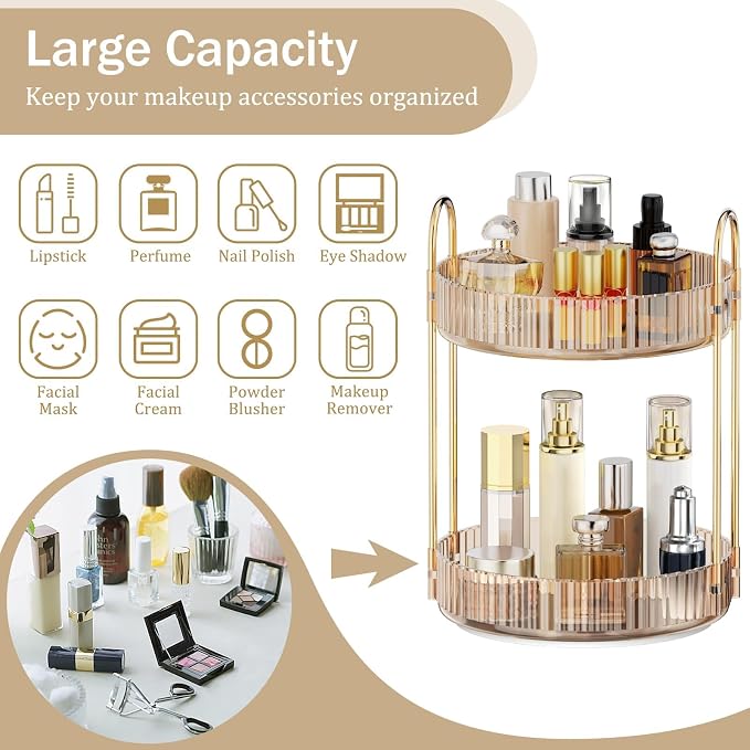 MOKANI 360 Rotating Makeup Organizer for Vanity, 2 Tier Adjustable Perfume Organizer for Dresser, Multi-Function Spinning Cosmetics Skincare Storage for Bedroom, Dresser, Countertop, Amber