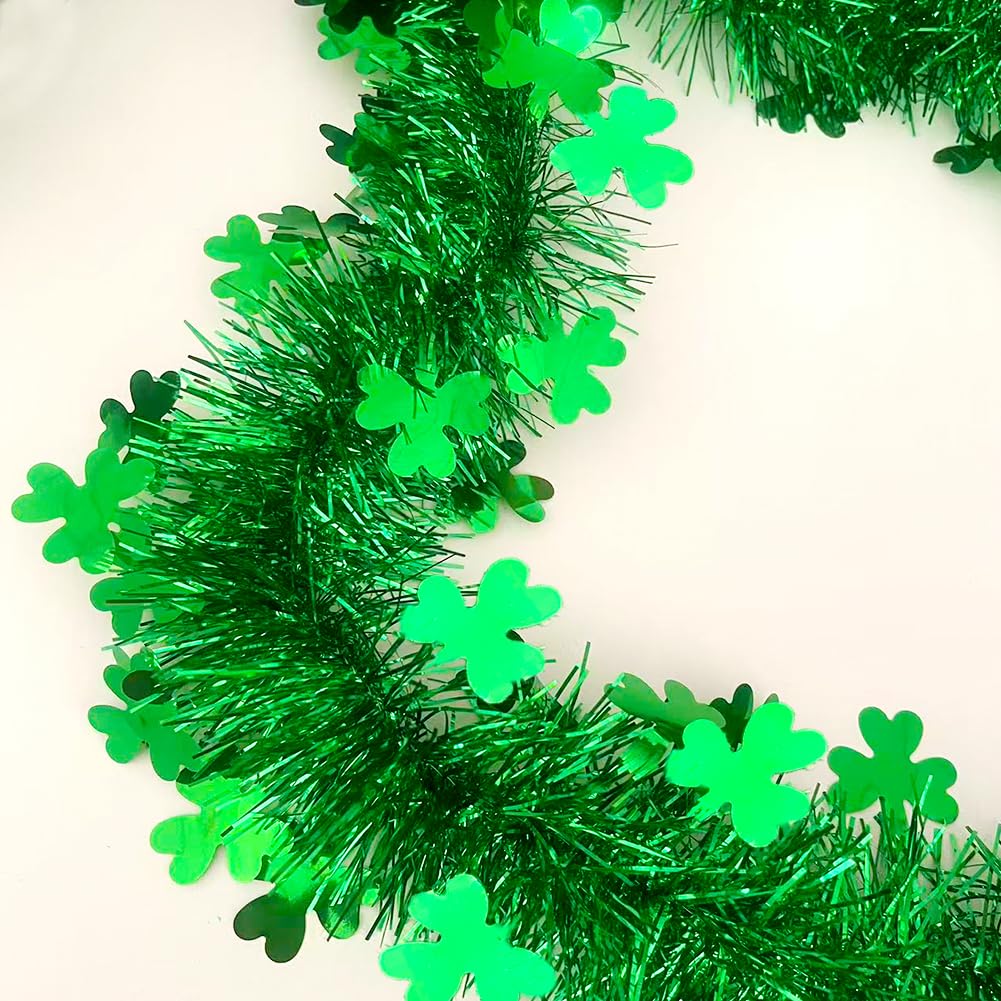 33 Ft St.Patrick's Day Tinsel Garland, Shiny Thick Green Garland with Shamrock Designs Irish Holiday Party Clover Hanging Decorations for Saint Patrick's Day Home Indoor Outdoor Party Decor