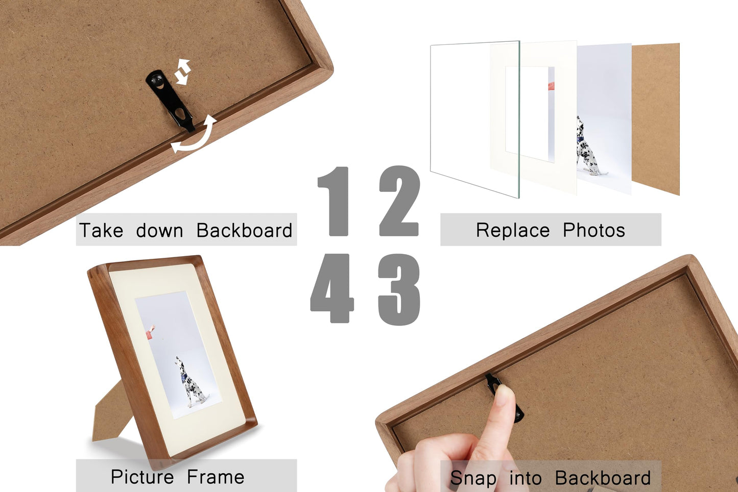 VAUWINEK 5x7 Picture Frame, Display Photos 4x6 with Mat or 5x7 without Mat, Made of Solid Natural Walnut Wood with Real Glass Vertical Horizontal Standing for Desk Tabletop Wall Hanging Gallery Frame
