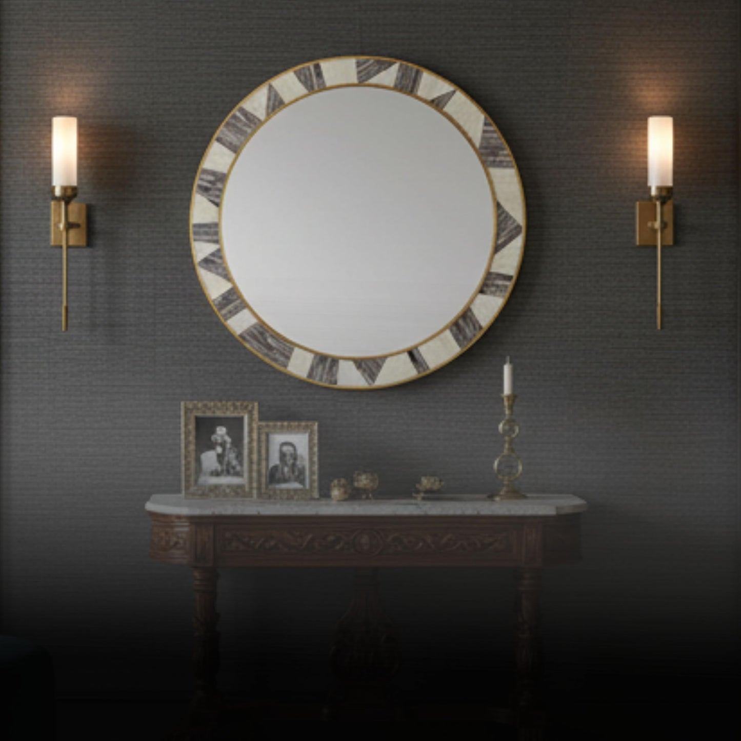 RUDRAKSHA CORPORATION Bone Inlay Mirror Frame Handcrafted Decorative Wooden Frame with Intricate Bone Inlay Pattern for Elegant Home, Living Room, Bedroom and Bathroom Wall Décor