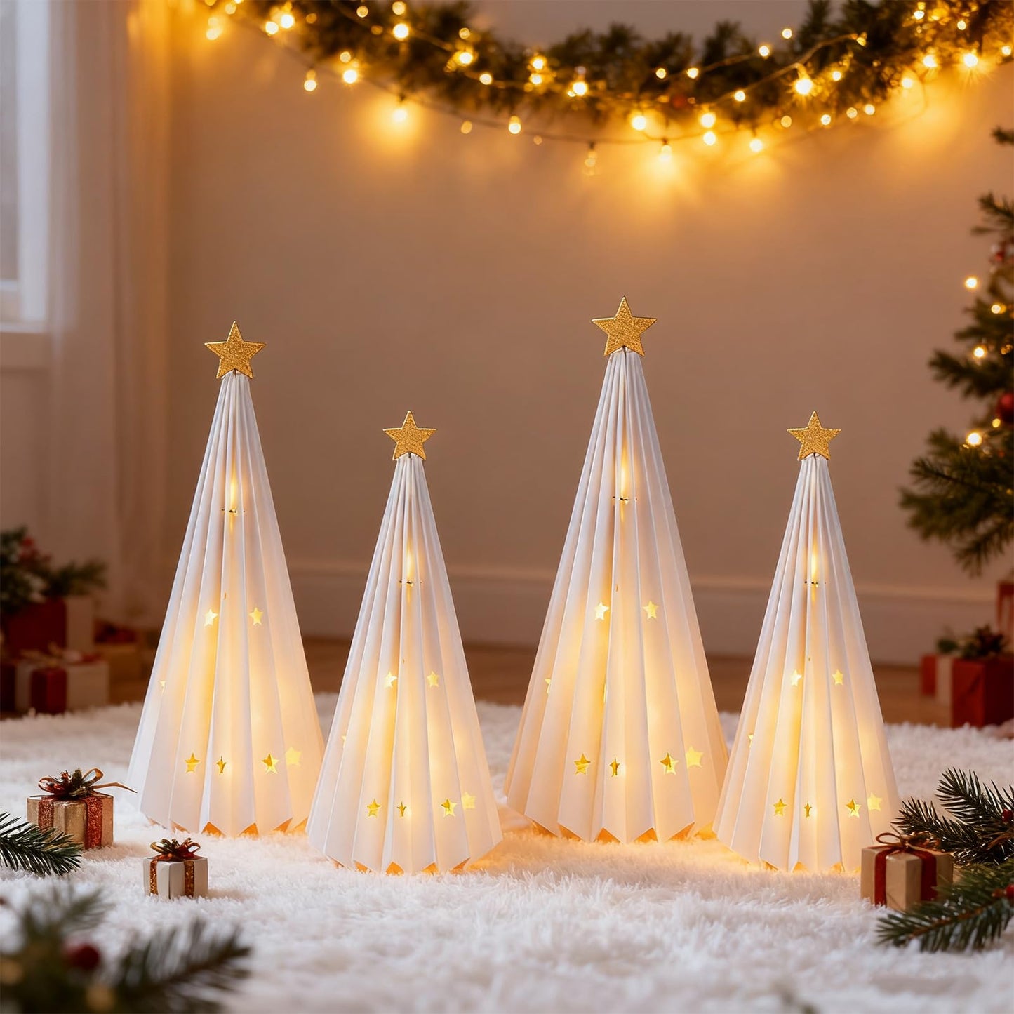 OBBOLO 4 Pcs White Paper Christmas Trees, Holiday Centerpiece Decorations with Star Designs, Foldable Tabletop Décor for Xmas Party & Winter Home Styling