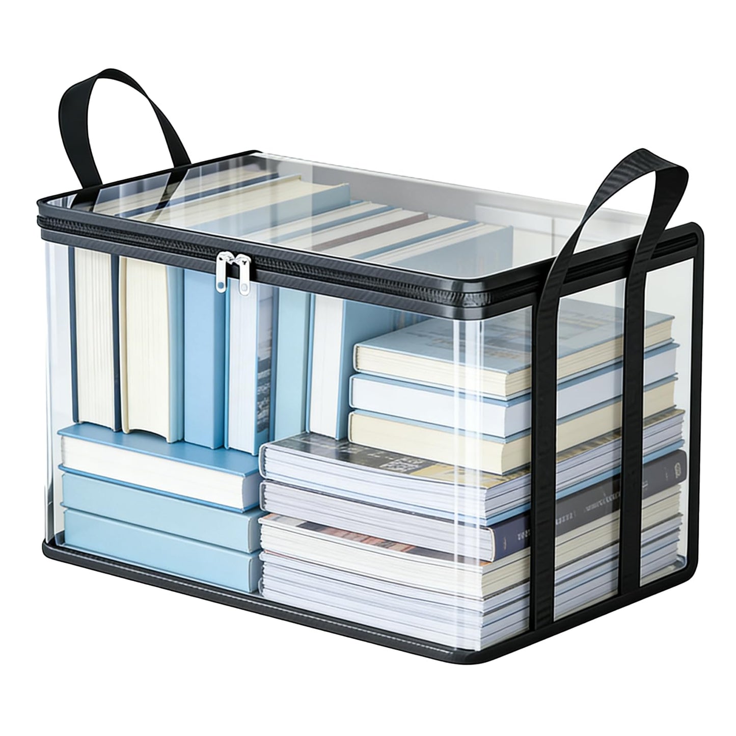 Clear Book Storage Bag with Reinforced Handles - Heavy Duty Plastic Comic Book Organizer & DVD Storage Bin - Collapsible Media Tote with Zipper Lid for Books, Journals and Albums - 15" x 9.5" x 12.5"
