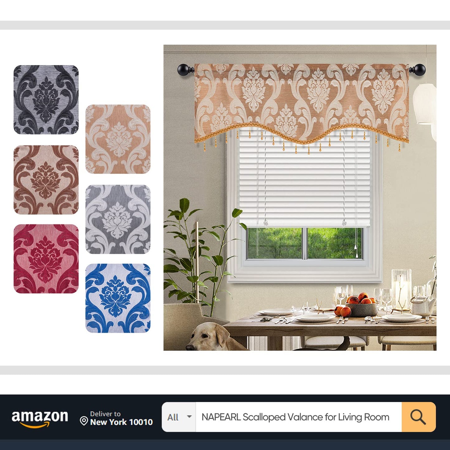 NAPEARL Waterfall Valance for Windows-Damask Valance for Living Room with Beads, Jacquard Swag Curtain Valance for Windows (1 Beige Valance, 61-Inch Wide)