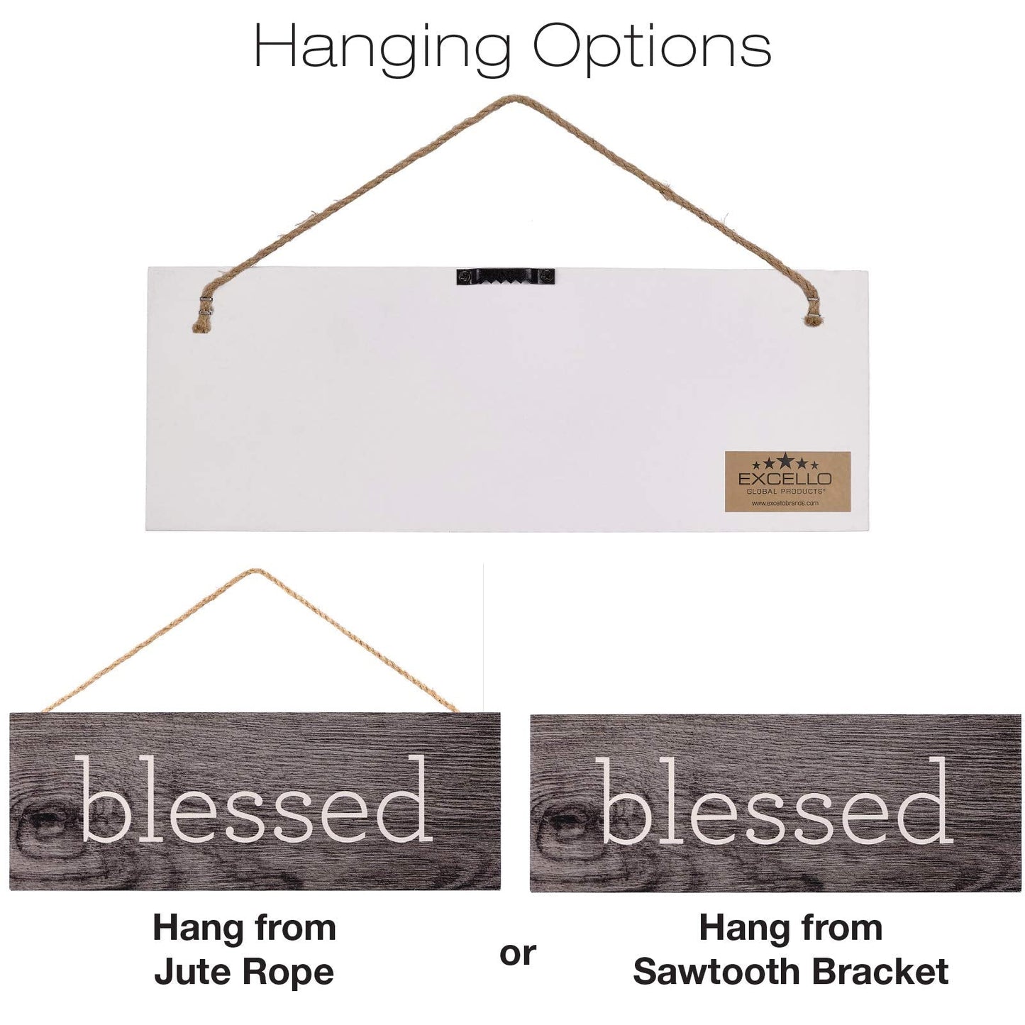 Excello Global Products Hanging Home Decor Sign with Sawtooth Hook and Jute Hanging Rope (Grateful, Love, Believe, Thankful, Faith, Blessed)
