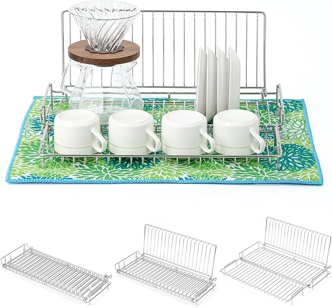 Collapsible Dish Drying Rack with Green Drying Mat, Small Expandable Dish Drying Rack, Compact Dishes Drying Rack for Kitchen Counter - Foldable, Stainless Steel, Silver