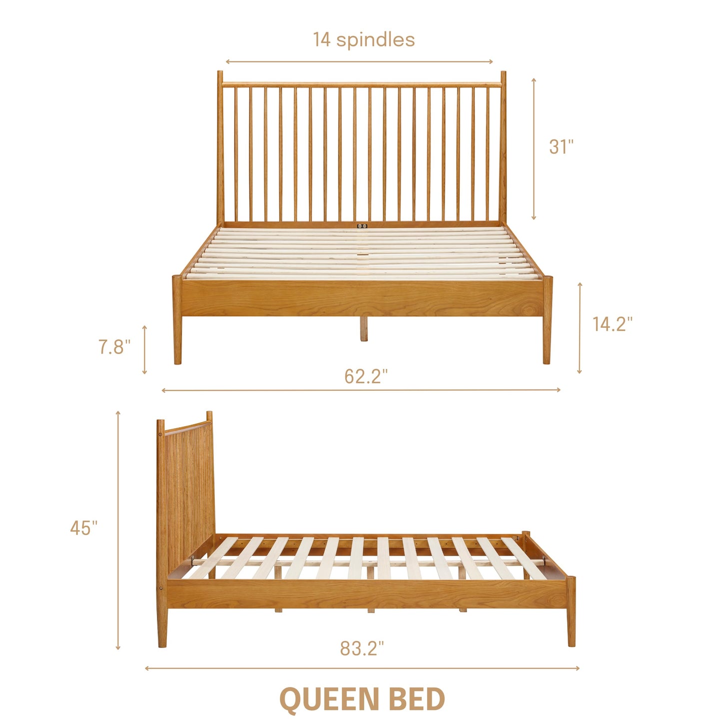 NTC Inno Wooden Bed Frame with Headboard, Solid Oak and Rubber Wood Foundation with Silent Slats and Wood Central Supports, 1000 Lb Capacity, Effortless Assembly, Queen Rustic - Oak