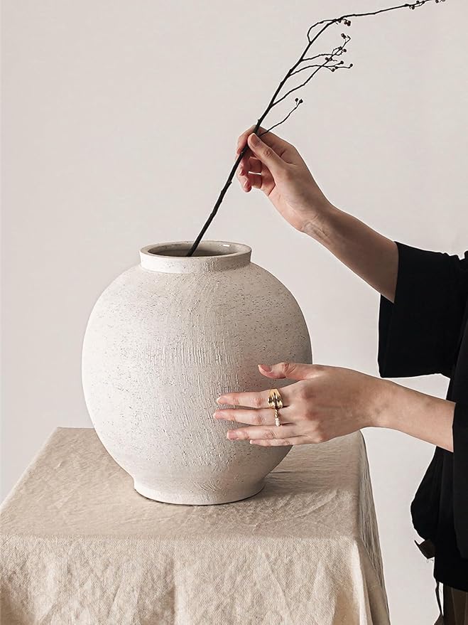 White Ceramic Vase - Large 10.8 Inch Round Floor Vase for Centerpieces, Farmhouse Flower Vases, Rustic Minimalist Home Decor (Sandstone White)
