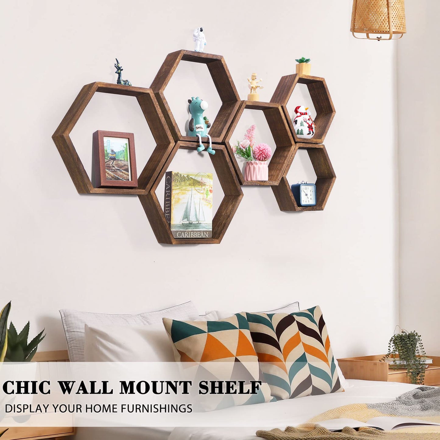 NOVIMANGO Hexagon Floating Shelves Set of 6 Honeycomb Shelves for Wall Wood Farmhouse Storage Home Decor Shelf Wall Mounted Wooden Hexagonal Shelves for Bedroom Living Room Nursery, Rustic Brown