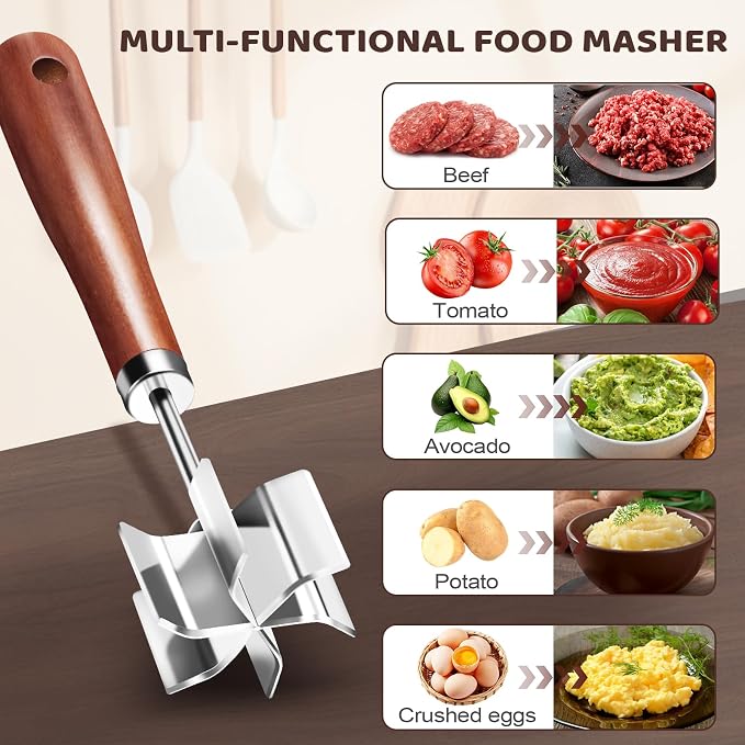 Stainless Steel Meat Chopper Masher, 6 Blade Ground Beef Chopper Potato Masher Tool with Wooden Handle, Hamburger Smasher, Multi-Use Kitchen Tool for Home Cooking, Heat Resistant (1 Pack)