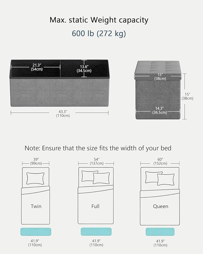 GLAXYFUR 43 Inches Folding Storage Ottoman Bench, Storage Chest, Footrest for Entryway, Living Room, Holds up to 660 lb, Light Grey