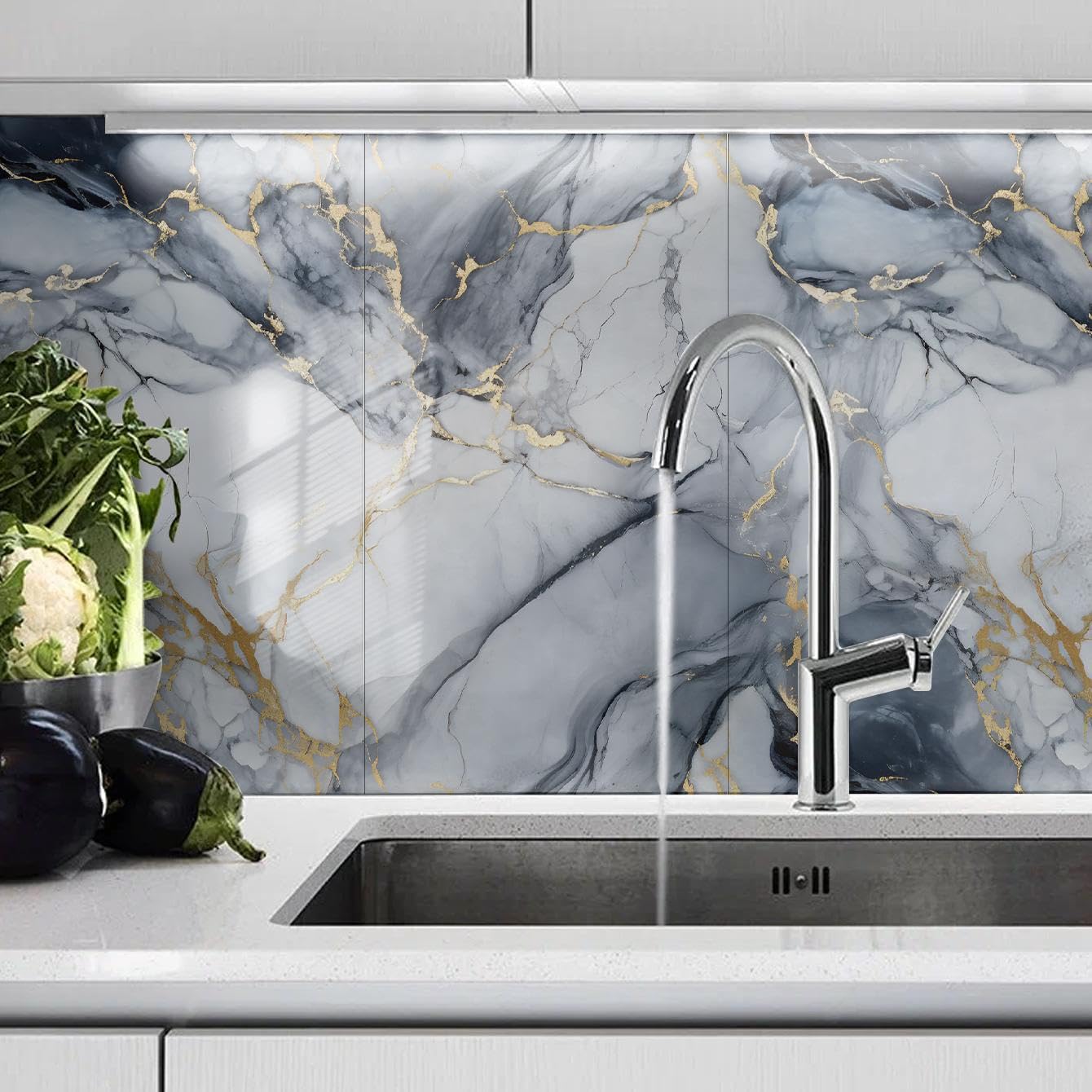 10pcs Thick Marble Peel and Stick Waterproof Wall Panels,Heat-Resistant Backsplash Tile, 23.6"x11.8" PVC Foam Wall Sticker for Kitchen,Living Rooms,TV Walls,Blue and Gold (Not Real Tile 19.4Sq. Ft.)