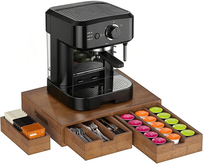 CHOEZON Coffee Pod Organizer, Storage Box with 2 Drawers, Coffee Station with Removable Dividers, Holder for K-Cup, Holds Pods, Syrup, Tea Bags for Living Room, Kitchen, Office, Mocha MCW31MA