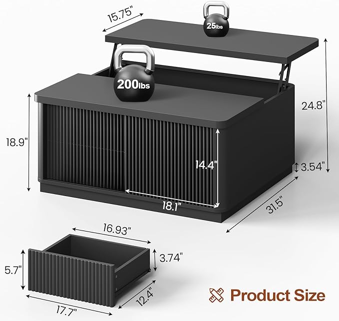 Itaar 39.4'' Lift Top Coffee Table with Storage, Fluted Coffee Tables for Living Room, Square Coffee Table with Large Hidden Compartment & 2 Drawrs & Adjustables Shelves, Black