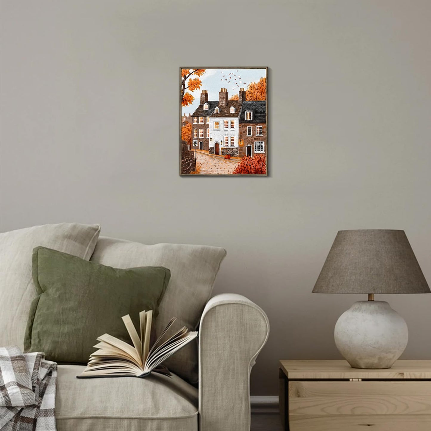 XOCUUI Autumn Cozy Village Landscape Scene 8x10 Unframed Canvas Print, Rustic Fall Street Scene Wall Art With Warm Colors, Thanksgiving House Office Entryway Seasonal Decor
