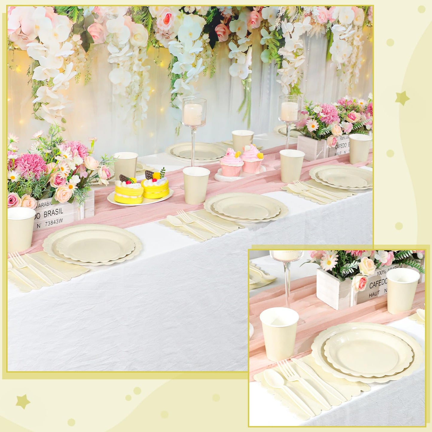 Xiangqu 175 Pcs Ivory Paper Plates and Napkins, Beige Party Supplies Include Scalloped Cream Plates Napkin Cup Plastic Cutlery for Wedding, Bridal&Baby Shower, Birthday