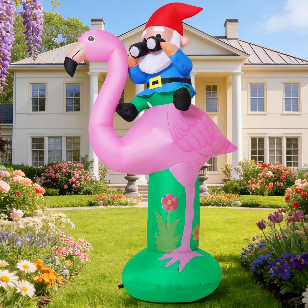 GOOSH 6 FT Spring Summer Inflatable Flamingo Outdoor Decoration Blow Up Yard with Gnomes Built-in LEDs for Indoor Hawaiian Party Garden Lawn Decor