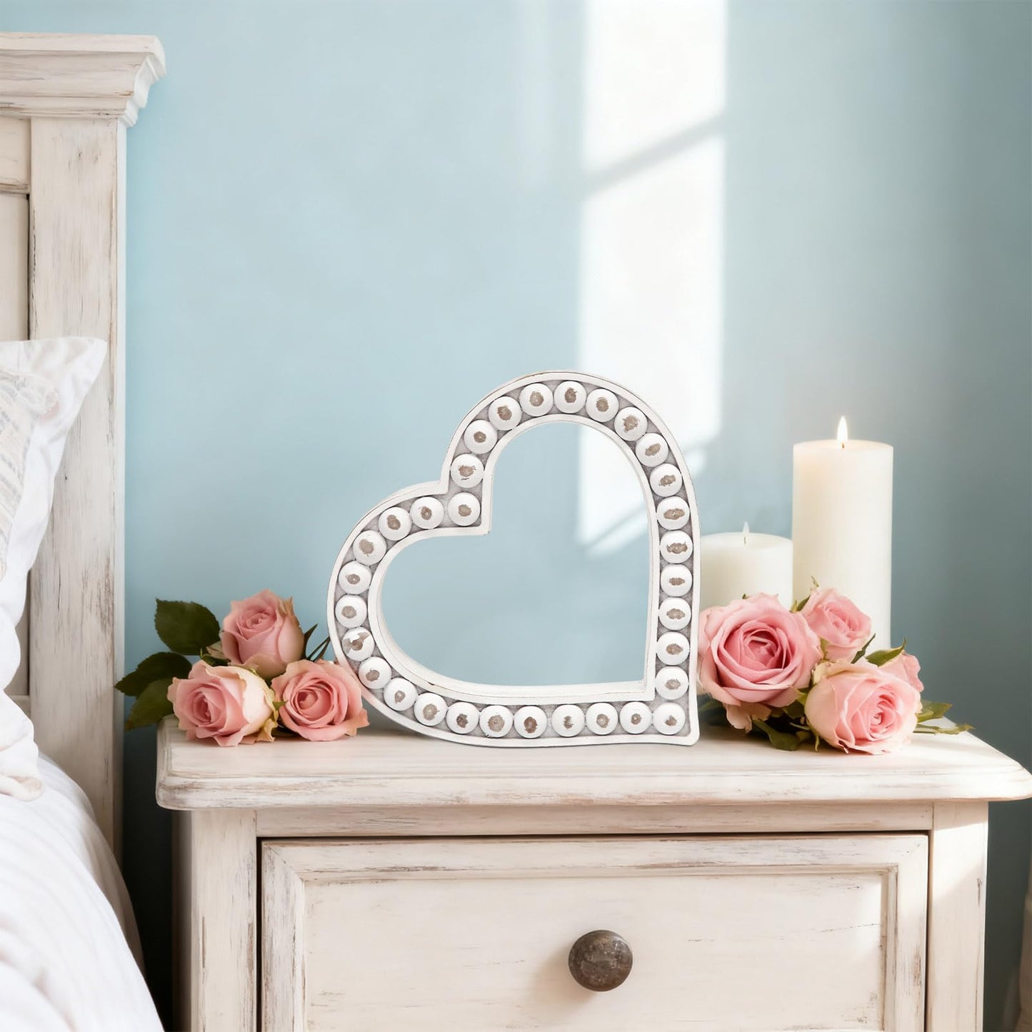 JUMBO DECOR Rustic Wooden Heart Table Decorations Sign with Beaded Design, Farmhouse Freestanding White Heart Shaped Home Family Table Decorations, Wedding Valentines Day Decor Mother's Day Gift