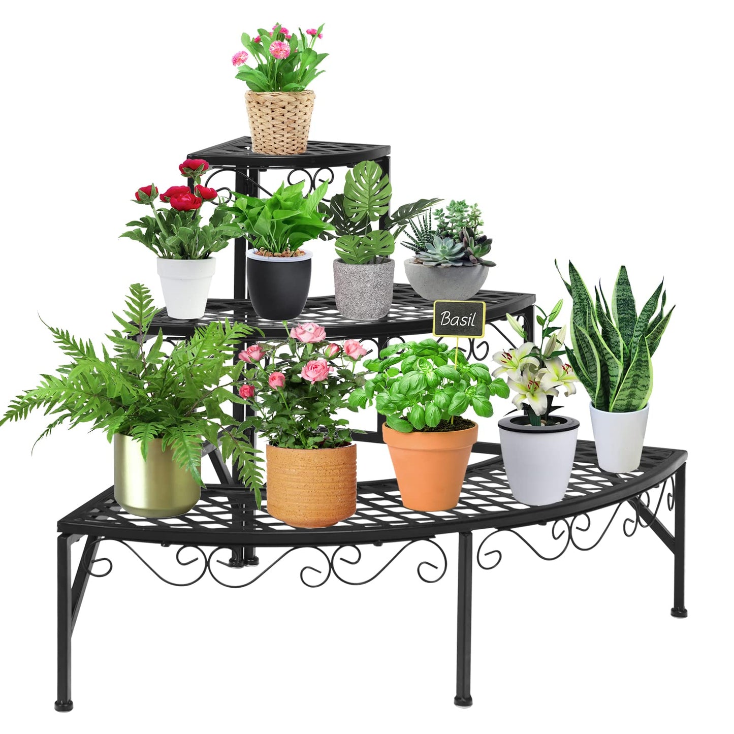 Giantex 3 Tier Metal Corner Plant Stand, Quarter Round Plant Corner Shelf w/ Non-Slip Pads, Corner Plant Stand Corner Shelf Flower Pot Ladder Plant Display Rack Indoor Outdoor (Quarter Round)