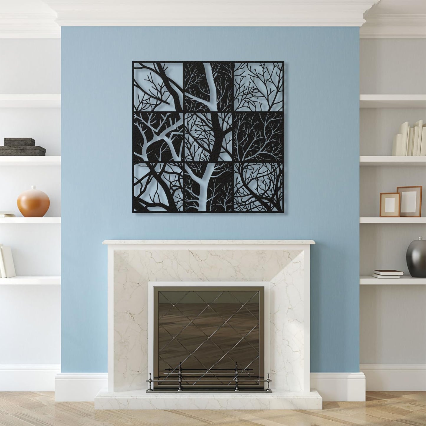 Modern Tree Branch Metal Wall Art Abstract Black and White Sculpture for Living Room, Office, Hallway, Nature-Inspired Home Decor (Black, 35" x 35" / 90 x 90 cm)