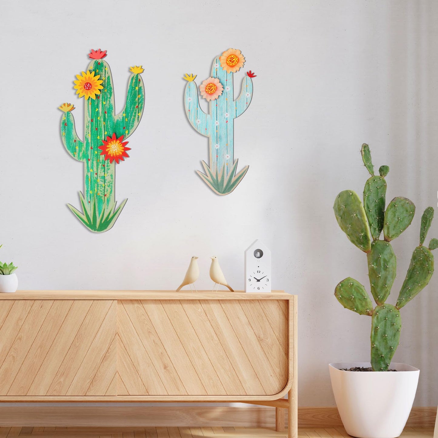 KOYILTD 2 Pcs Cactus Wall Art Wooden Southwestern Decor Western Bathroom Decoration Vivid Cactus Wall Decor for Home Bathroom Bedroom Livingroom Nursery (Vivid, Medium)