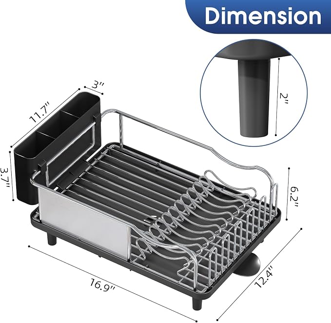 Urackify Stainless Steel Dish Drying Rack - Large Capacity Kitchen Counter Organizer with Drain Board, Utensil Holder & Detachable Cup Shelf, Surgical-Grade Rust-Proof Dish Drainer, Easy Assembly