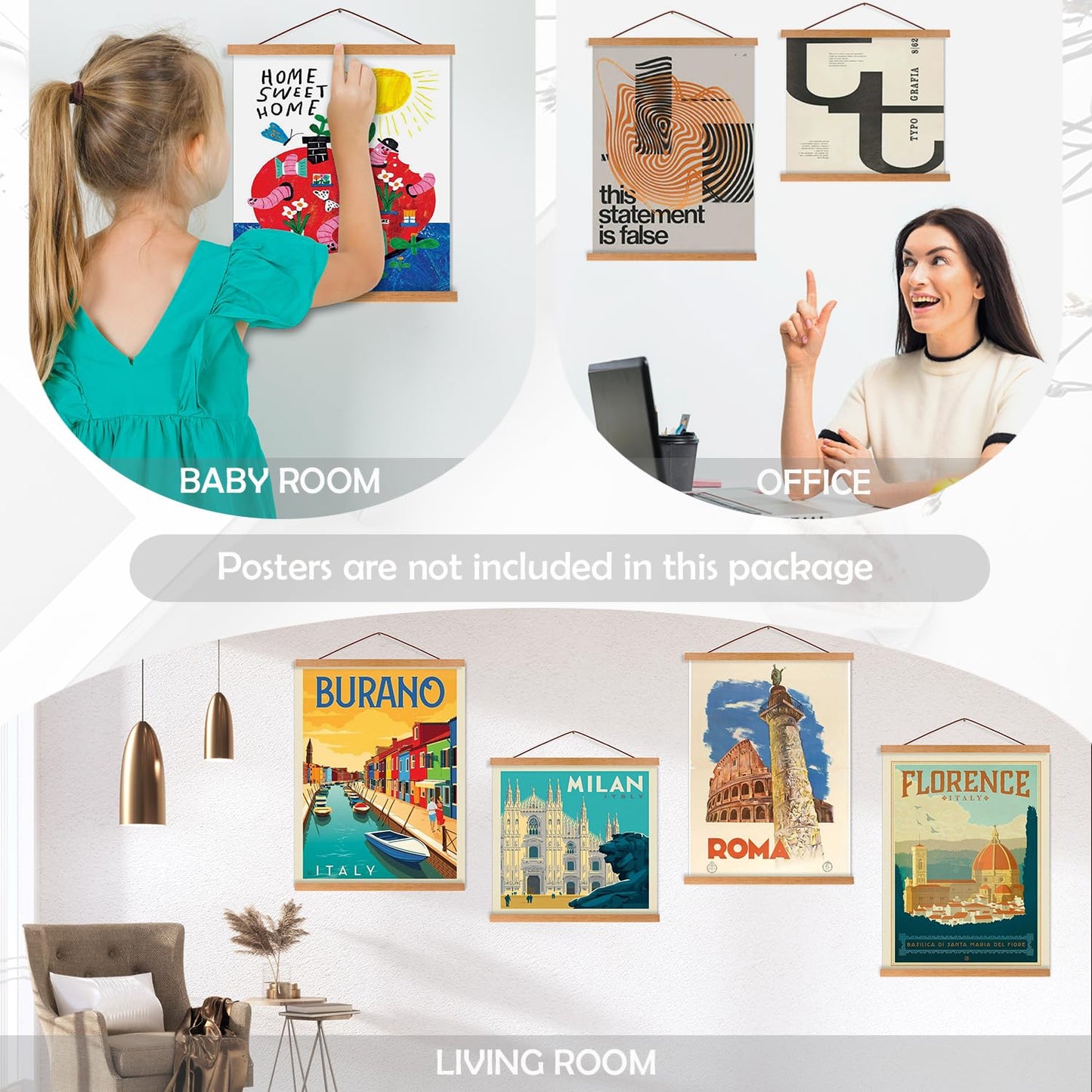 Artmag 4 Pack Magnetic Poster Hanger Frame, 8x10 8x12 8x24 Light Wood Wooden Magnet Poster Frame for Maps Canvas Artwork Pictures Poster Hangers Frames (Teak,8")