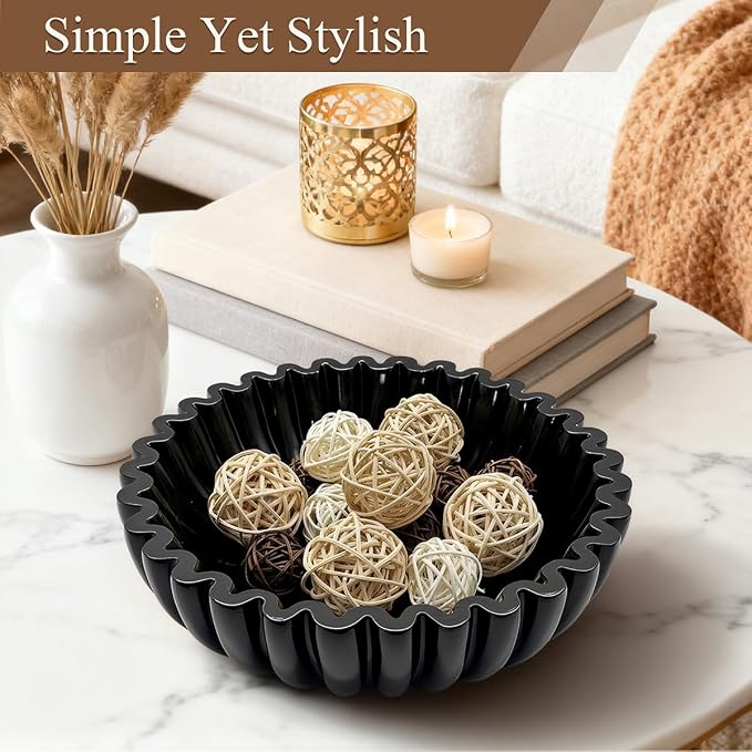 Large Modern Ruffle Bowls, Artificial Stone Decorative Catch All Bowl for Kitchen Counter and Entryway Table, Handcrafted Fruit Bowls and Key Bowl for Home Decor(Black)