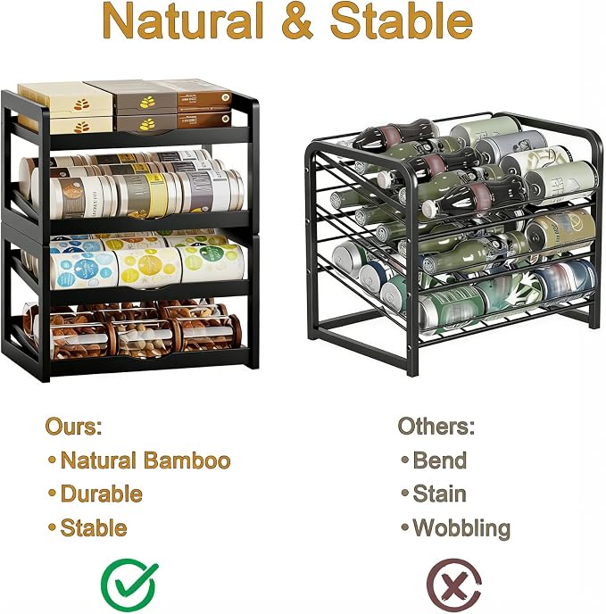 BAMBANG Can Organizer for Pantry, Detachable Bamboo 4 Tier Stackable Can Food Storage Rack, Rolling Soda Can Dispenser Can Holders for Cabinet, Holds Up to 48 Cans, Black