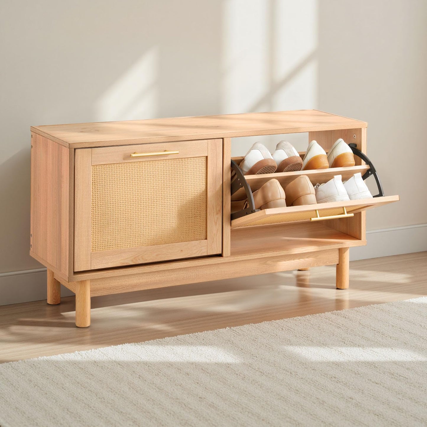 VEVOR Rattan Shoe Storage Bench, Entryway Bench with 2 Flip Drawers, Holds up to 300 lbs with 4 Compartments and 2 Rattan Doors, 39.4 x 11.8 x 20.9 Inches for Hallway, Living Room, Bedroom