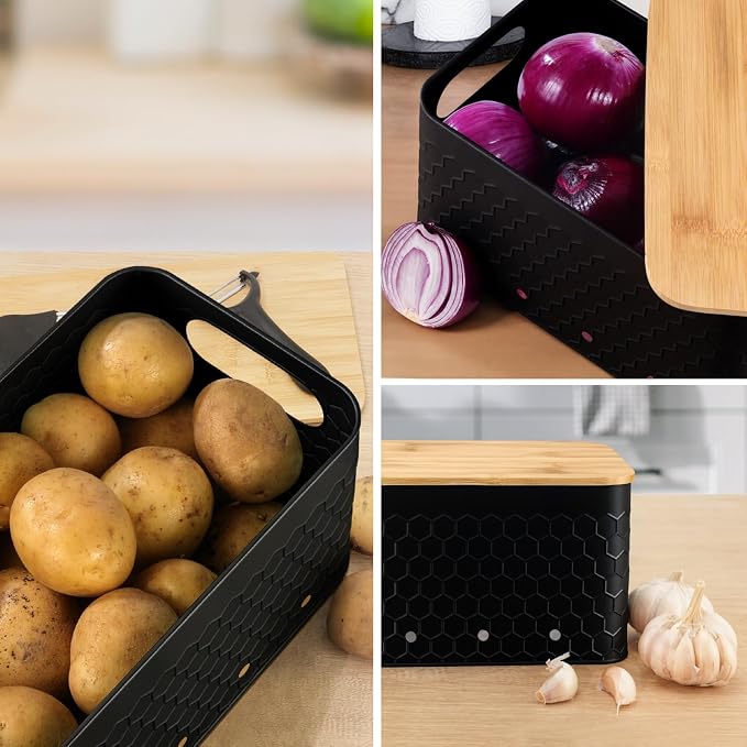 Kitchen Vegetable Storage Set of 3, Metal Onion Garlic Potato Storage Set, Kitchen Canisters Vegetable Keeper Containers with Aerating Holes and Bamboo Lid,Embossed Black