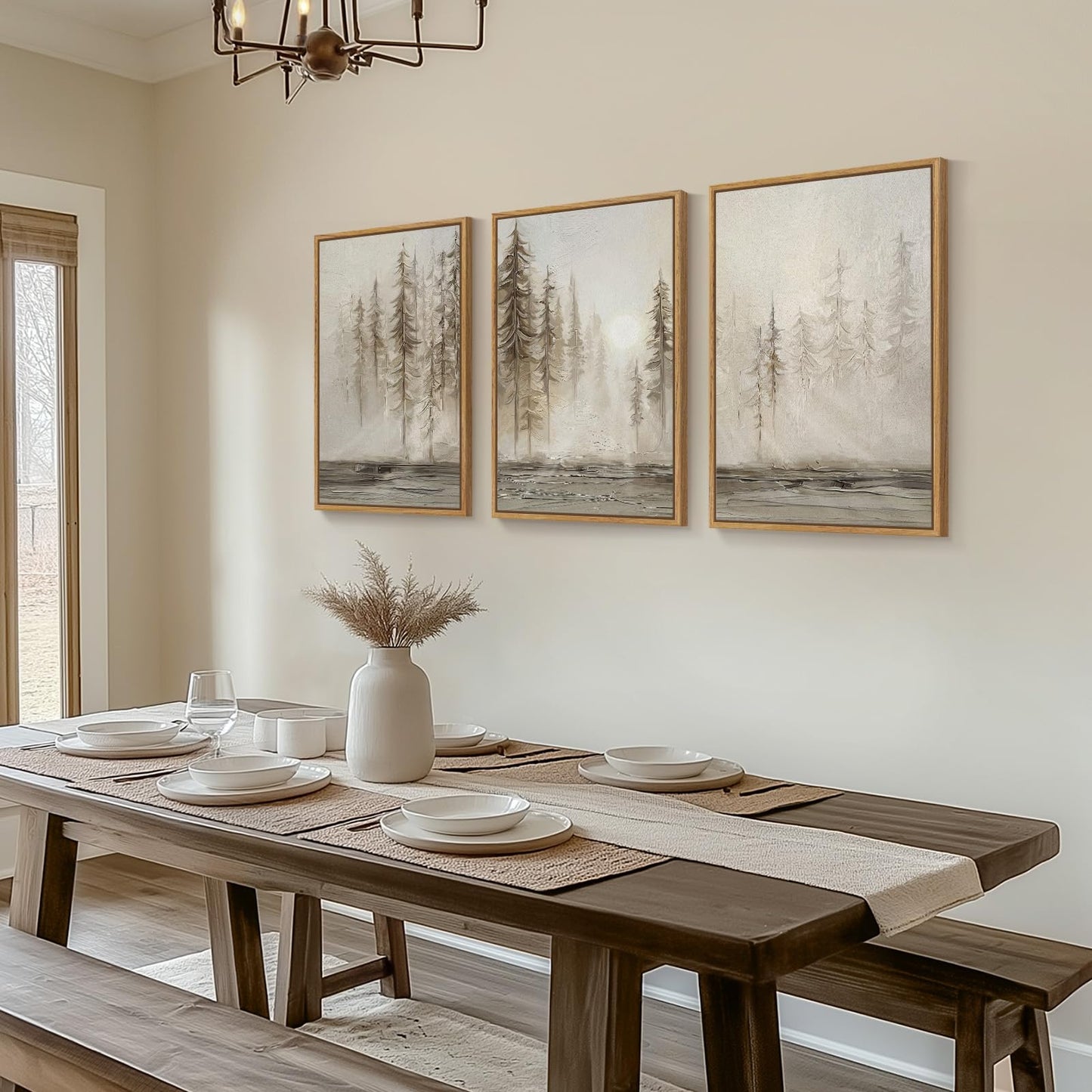 Framed Neutral Tree Set of 3 Wall Art Bedroom, Abstract Modern Rustic Landscape Beige Canvas Artwork for Walls, Nordic Misty Forest Farmhouse Wall Decor for Bedroom Hallway Office, 16x24 Inch