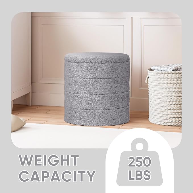PINPLUS Round Storage Ottoman Foot Rest Stool with Tray Velvet Sherpa Folding Storage Ottoman,Boucle Foot Rest for Living Room, Bedroom, Dorm, Dorm,Grey Color