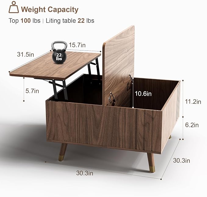 JOINICE 32" Square Lift Top Coffee Table with Storage,Mid Century Modern Walnut Center Table with Rising Desktop for Living Room, Brown Wood Finish