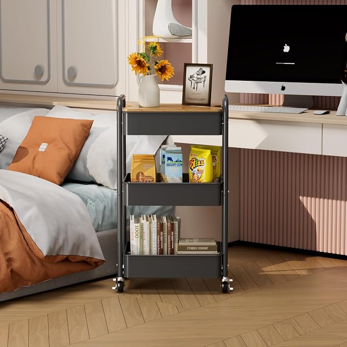 3 Tier Rolling Cart with Table top, Metal Utility Cart, Sturdy Storage Organizer Cart with Locking Wheels & Hooks for Office, Classroom, Kitchen and Bathroom