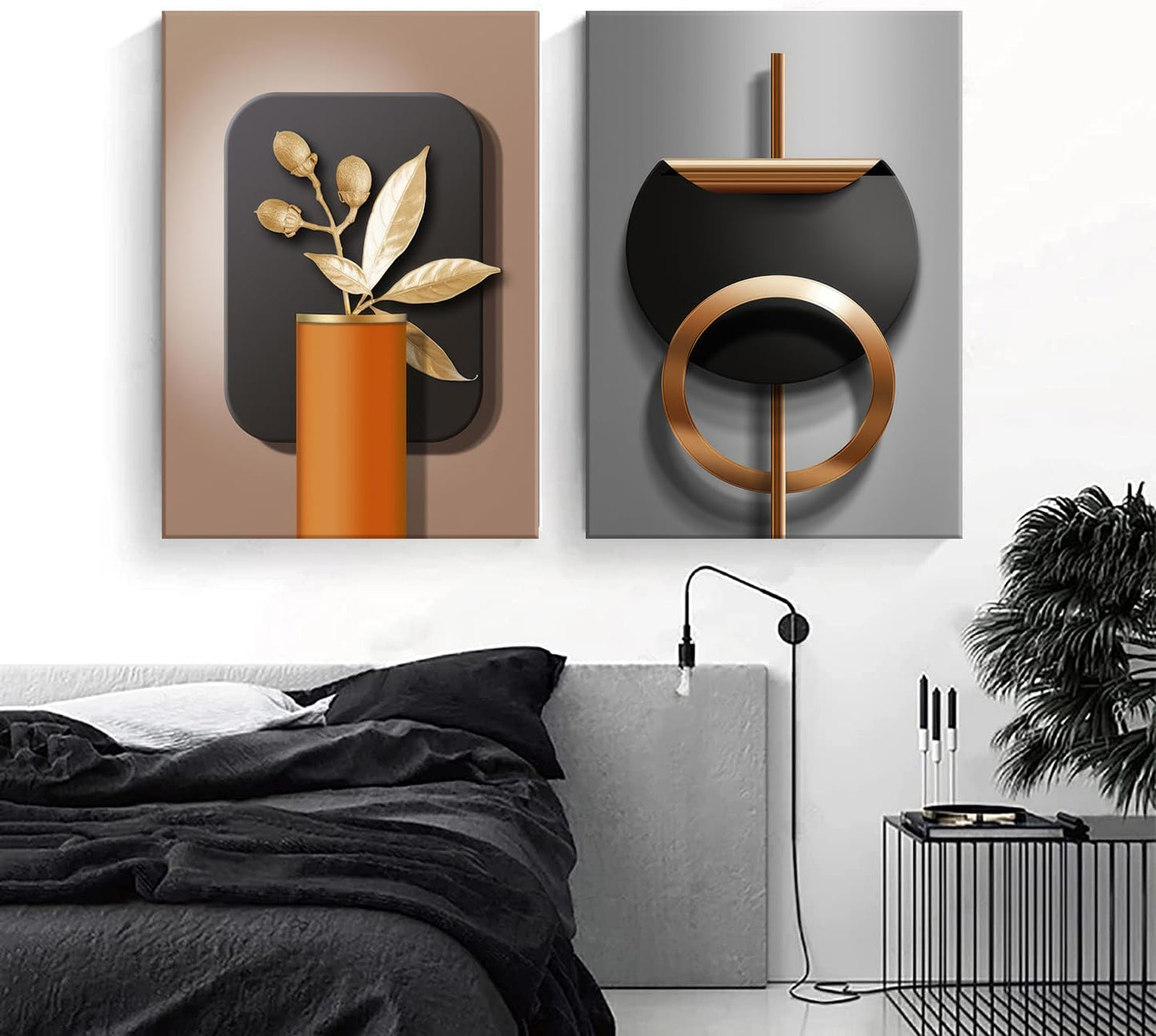 2pcs 3d Effect Pattern Black Copper Geometric Canvas Abstract Wall Art Nordic Luxury Living Room Pictures Prints Modern Artwork Black Gold Gray Wall Decoration Inspiring Home Decor 16x24 Inches Ready To Hang