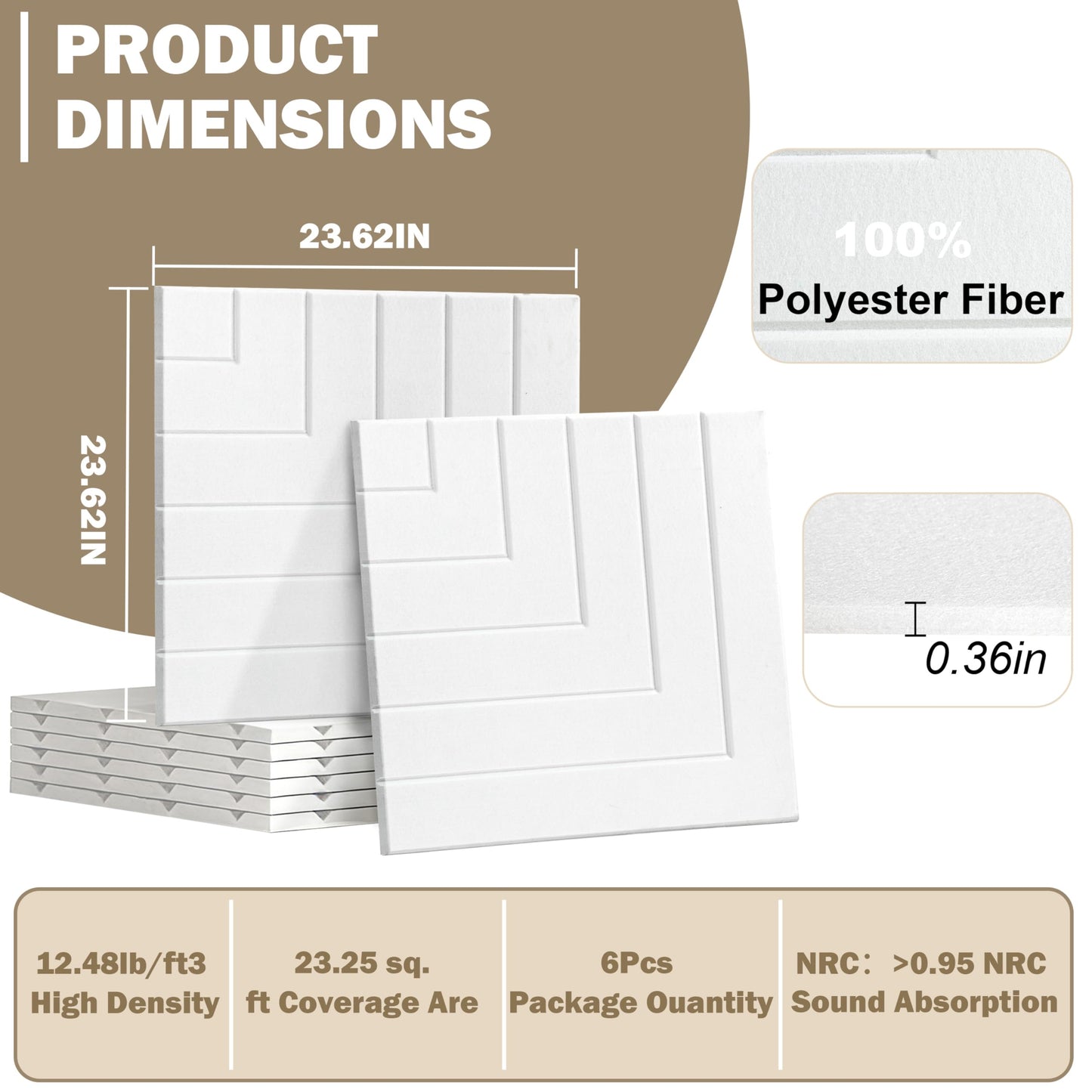 KERRAM 6 Pack Acoustic Panels, 23.6x23.6 Inch Sound Proof Panels for Walls, Self-Adhesive High-Density Decorative Sound Dampening Panels for Recording, Bedding Room, Media Room, Office and Studio
