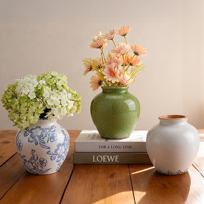 Ceramic Flower Vase Home Decor, 6.2 inch Farmhouse Rustic Vintage Decorative Vases, Pottery Terracotta Boho Flowers Vases for Dining Table, Living Room, Shelf, Kitchen, Bedroom (6.2"-Beige)