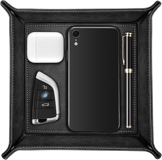 SITHON Valet Tray Desktop Storage Organizer – Premium PU Leather Catchall Bedside Vanity Tray Nightstand Caddy Holder for Keys, Phone, Wallet, Coin, Jewelry, Valentine's Day Gift, Black