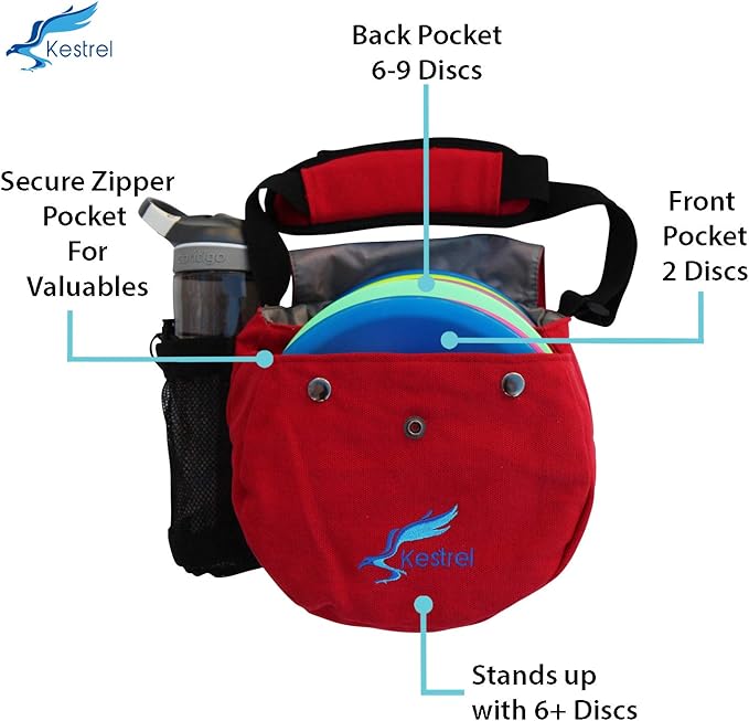 Kestrel Black Disc Golf Bag - Fits 6-10 Golf Discs + Bottle - For Beginner & Advanced Golfers - Extremely Durable Canvas - Frisbee Golf Bag - Small Sling/Shoulder Disc Golf Bag For Men & Women